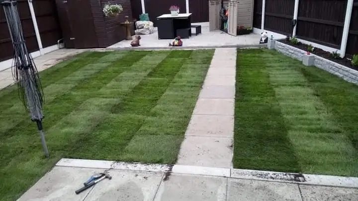 The same back garden after turfing, with striped new lawn either side of the slab pathway